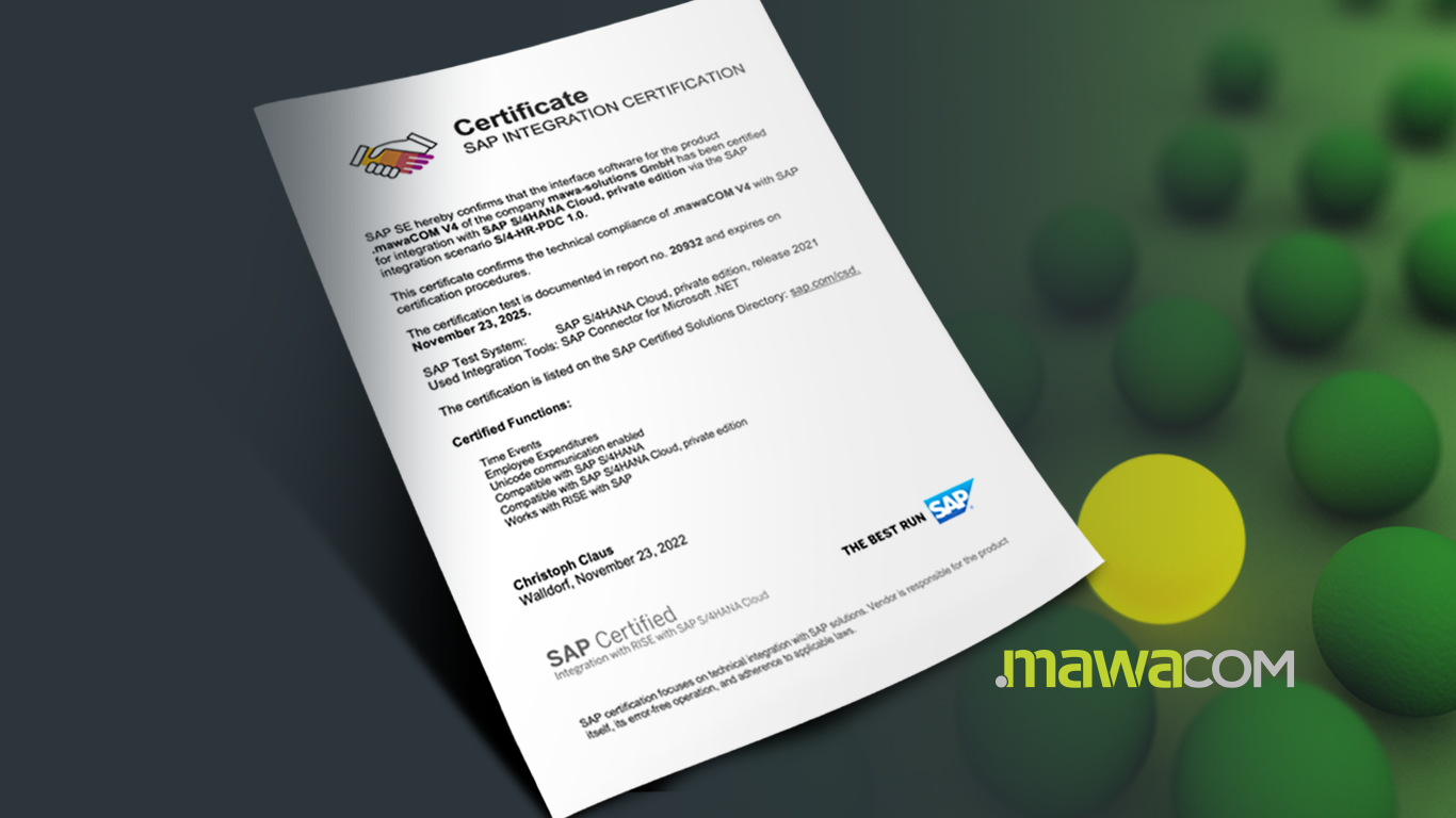 Als weltweit einer von nur sieben Solution Providers haben wir das Zertifikat „SAP®  Certified Integration with RISE with SAP S/4HANA Cloud“ – für unsere Schnittstelle .mawaCOM – erhalten.
